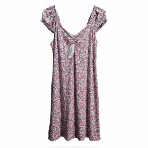NWT | Pink Floral Print Milkmaid Style Ruched Bust Puffy Sleeve Mini Dress | XLa